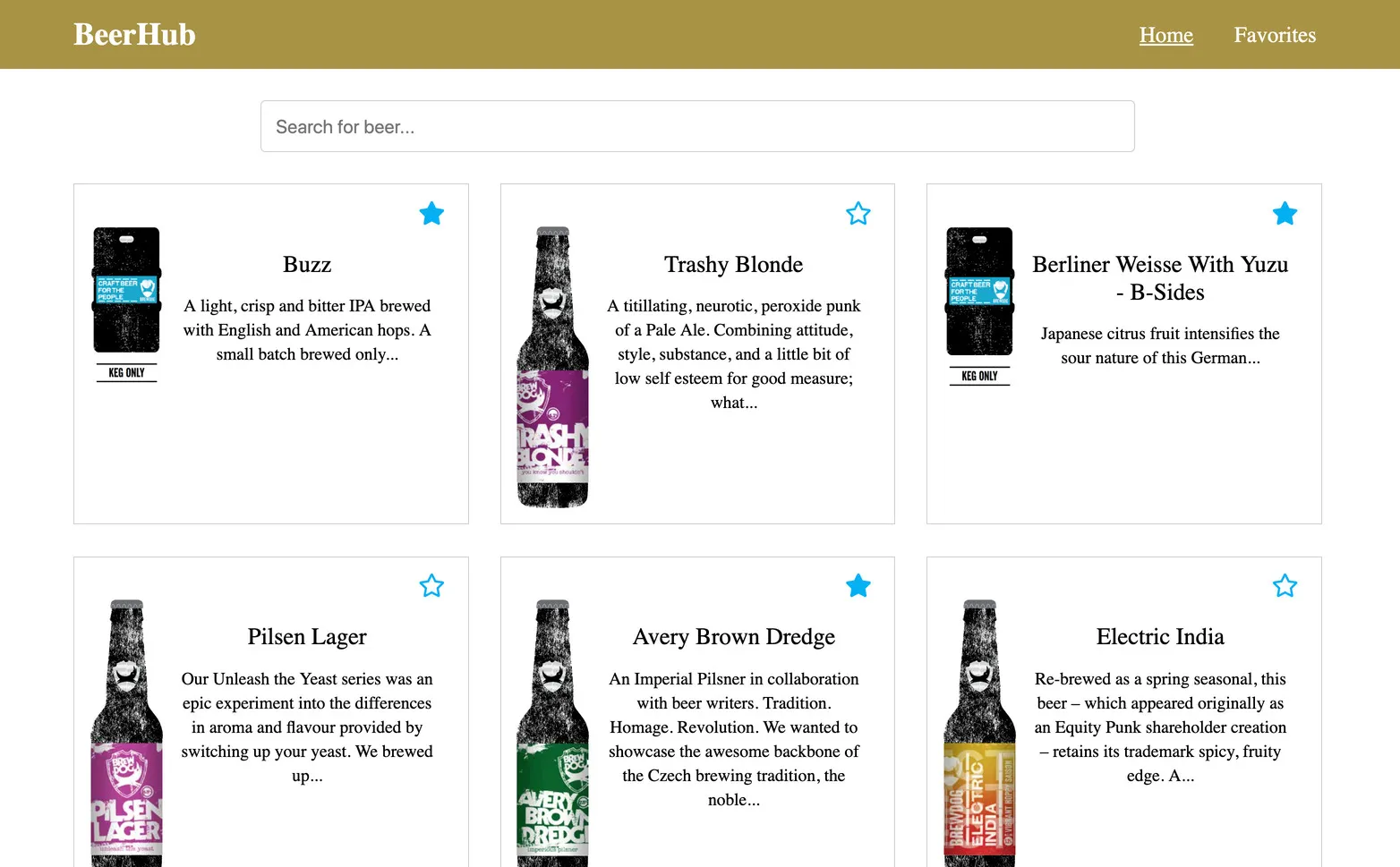 Dashboard showing the name and description of several beers