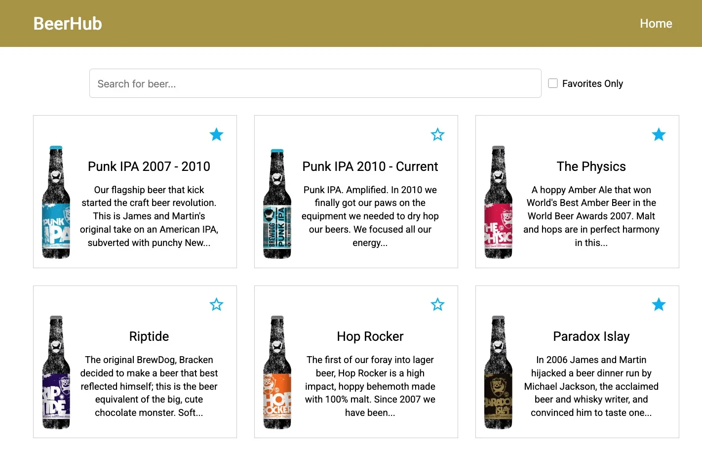 Dashboard showing the name and description of several beers